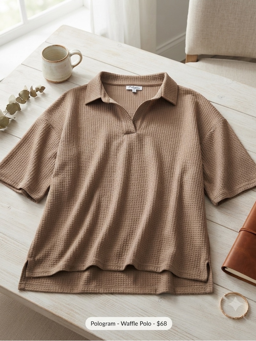Polagram Ribbed Polo Top in Camel Brown